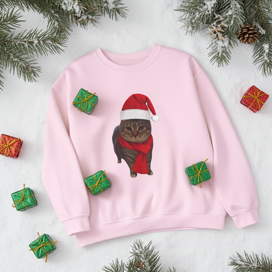 Christmas Ouiiuiiuii Cat Crewneck Sweatshirt – Santa Hat & Scarf Holiday Cat Sweatshirt